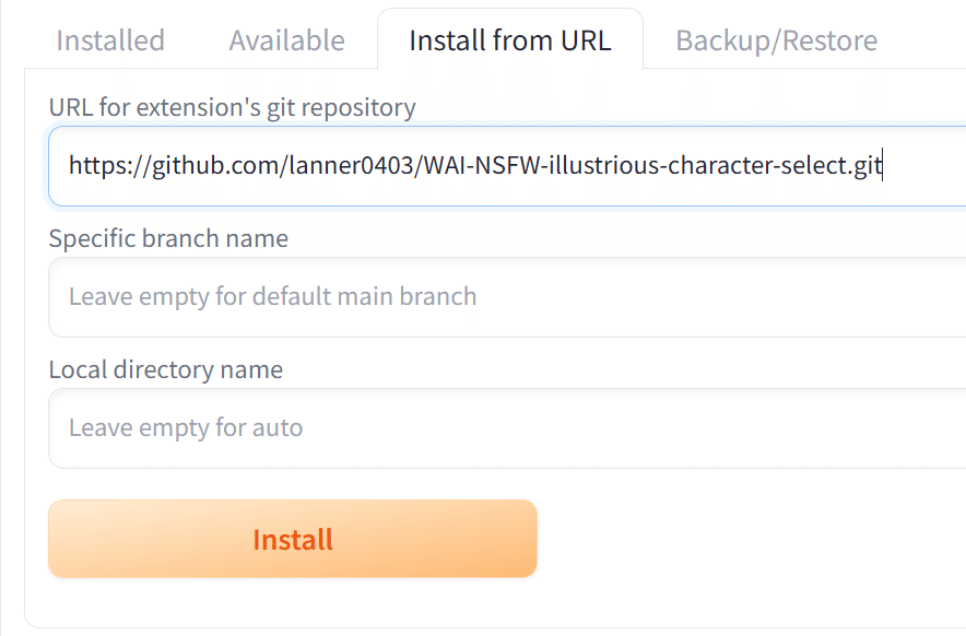 SDWebUIのInstall from URLに拡張機能のGitHub URLを入力した画面