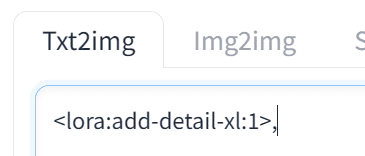 Add Detailsでadd-detail-xlのLoRAタグが追加されたプロンプト欄