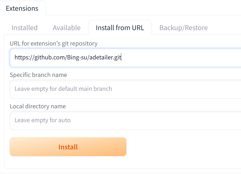 A1111のExtensionsタブのInstall from URL画面