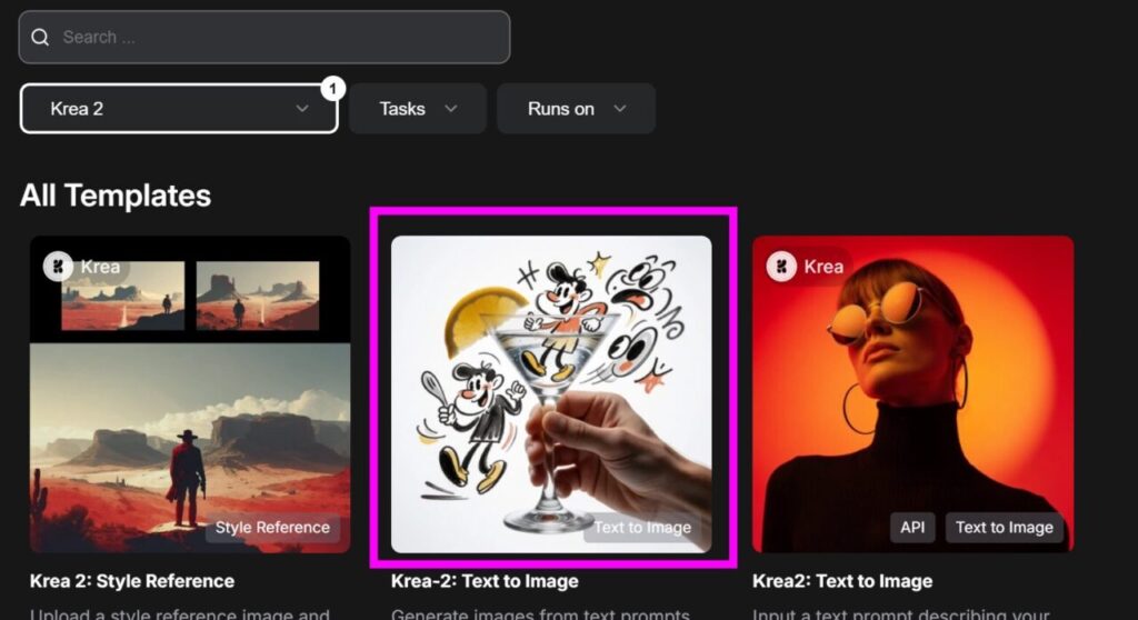 ComfyUIのBrowse TemplatesでKrea-2のワークフローテンプレートを探す画面
