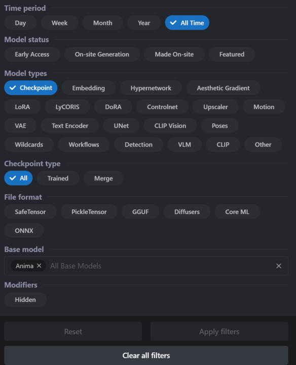 CivitaiでApply filtersを押して絞り込みを適用する画面