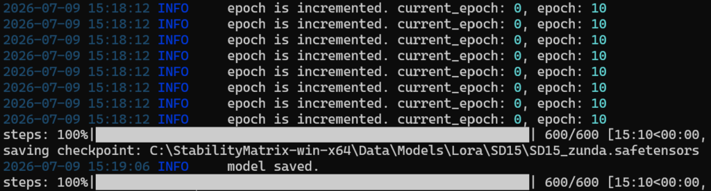 sd-scriptsでLoRA学習が進行しているコマンドラインのログ