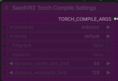 SeedVR2 Torch Compile Settingsノードの設定画面