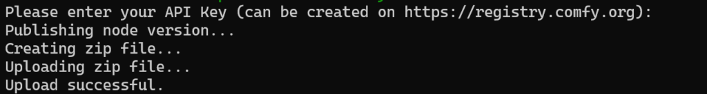 comfy node publishの実行中にAPIキーの入力を求められる画面