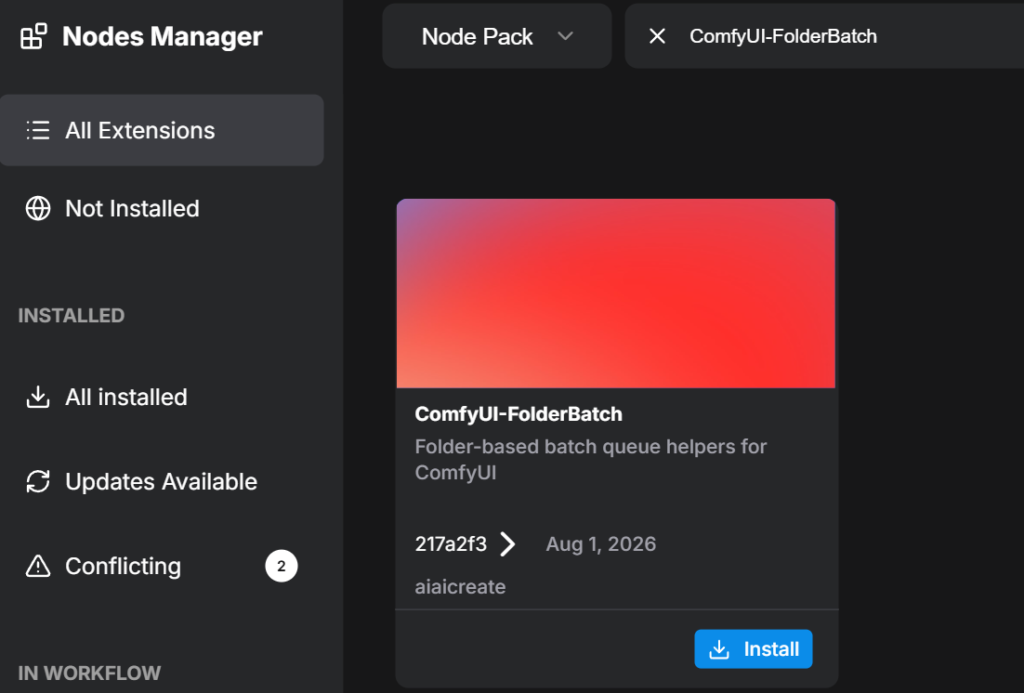 ComfyUI-Managerの検索結果に表示されたComfyUI-FolderBatch