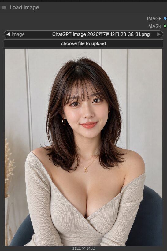 I2VのLoad Imageノードに女性の画像を読み込んだ画面