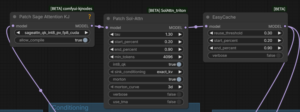 Patch Sage Attention KJ・Patch Sol-Attn・EasyCacheをこの順で接続したノード