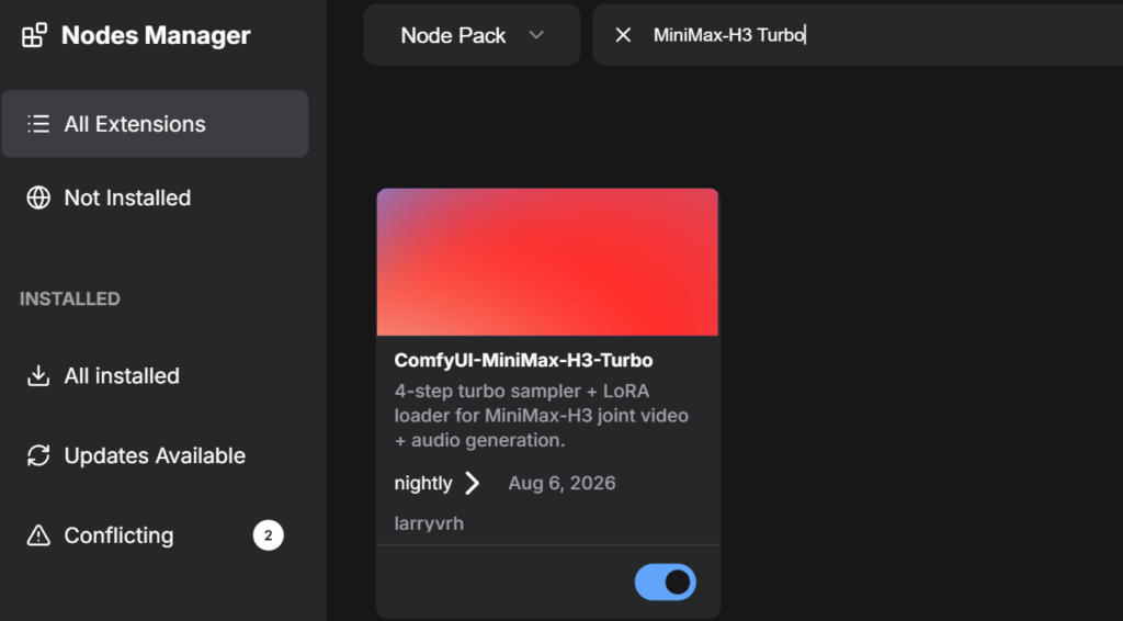 ComfyUI-ManagerのNodes ManagerでMiniMax-H3 Turboを検索し、ComfyUI-MiniMax-H3-Turboが表示された画面