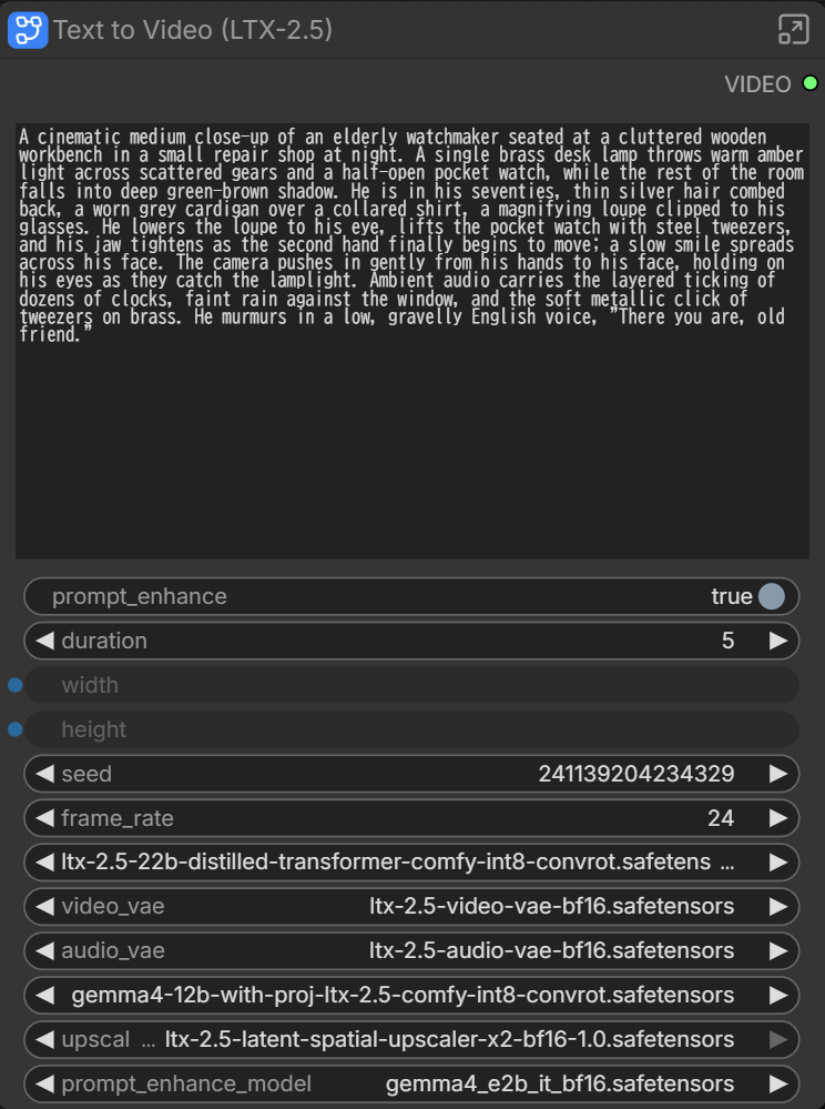 Text to Video (LTX-2.5)ノードのプロンプト欄とprompt_enhance・duration・モデル指定の項目