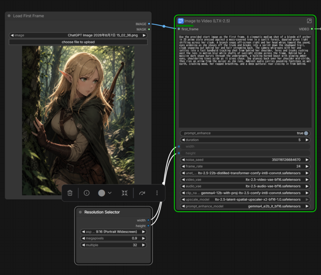 Load First Frameにエルフの画像を読み込んだImage to Video (LTX-2.5)のworkflow