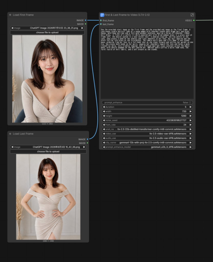 Load First FrameとLoad Last Frameに2枚の画像を読み込んだFirst & Last Frame to Video (LTX-2.5)のworkflow