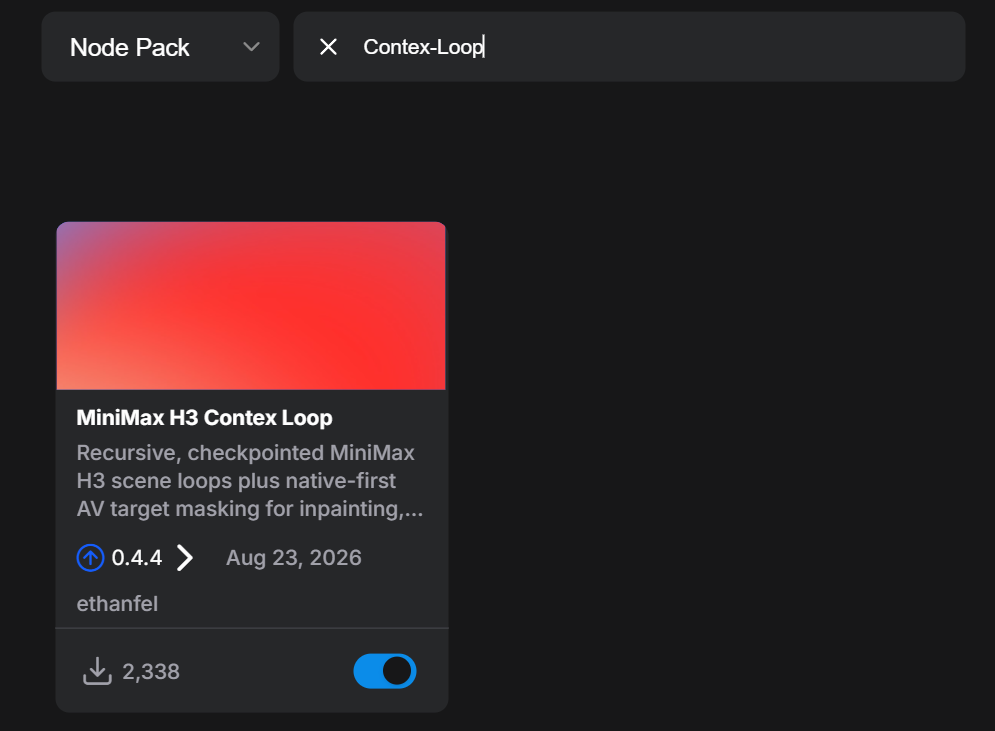 ComfyUI-ManagerでComfyUI-MiniMaxH3-Contex-Loopを検索してインストールする画面