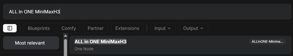 ComfyUIでALL in ONE MiniMaxH3ノードを検索している画面