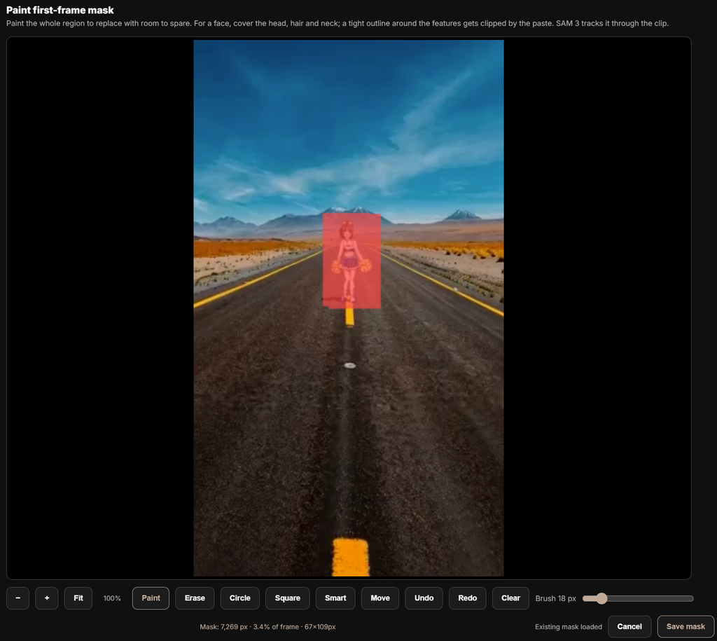 Maskモードで動画内の人物をペイントした画面