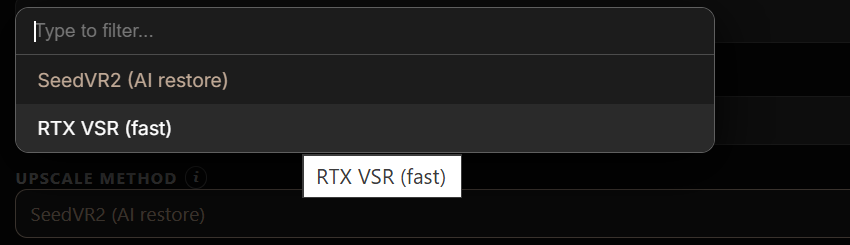 アップスケール方式でSeedVR2とRTX VSRを選ぶ画面