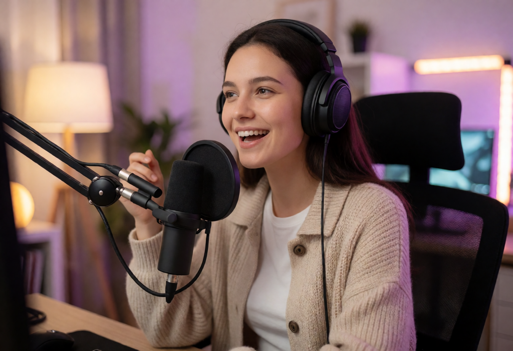 Audio Driveで使用したマイクの前で話す女性の画像