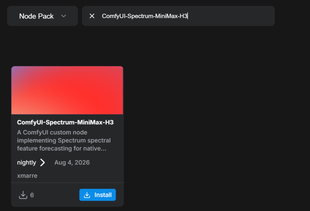 ComfyUI ManagerのNode Pack検索にComfyUI-Spectrum-MiniMax-H3が表示された画面