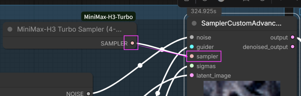 MiniMax-H3 Turbo Sampler (4-step)のSAMPLER出力をSamplerCustomAdvancedのsamplerに接続した画面
