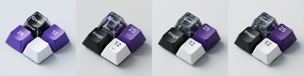 Qwenのキーキャップを生成した結果をLoRAなし・Turbo・Lightning 4step・Lightning 8stepで横に並べた比較画像