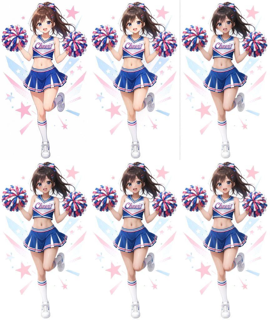 同じイラストを元画像と1x、1.5x、1.724x、2x、3xで処理して並べた比較画像