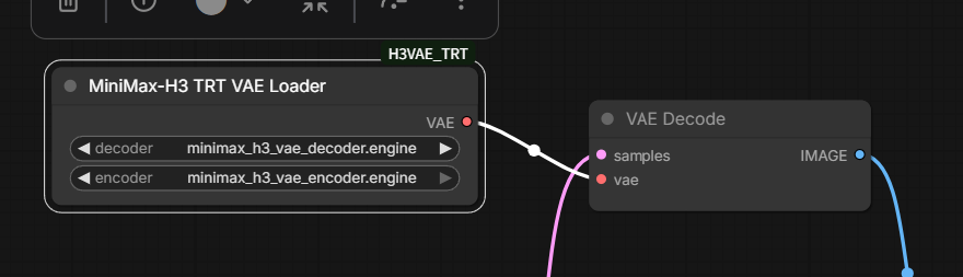 MiniMax-H3 TRT VAE LoaderのVAE出力をVAE Decodeに繋いだ画面