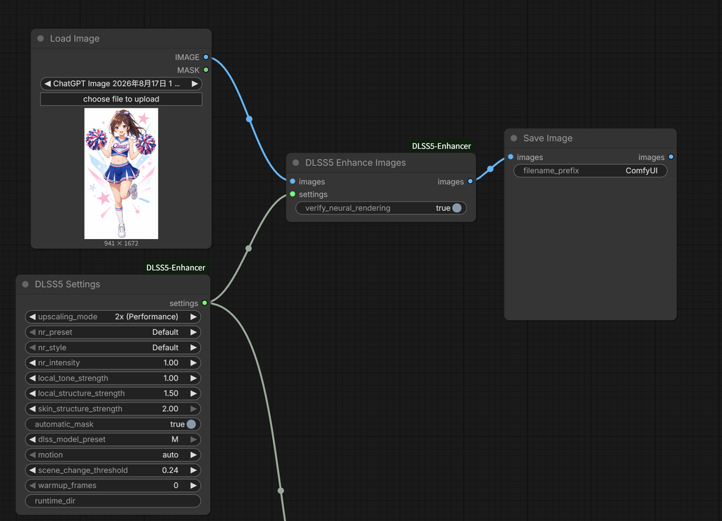 Load ImageとDLSS5 Settings、DLSS5 Enhance Images、Save Imageをつないだ画像処理のワークフロー