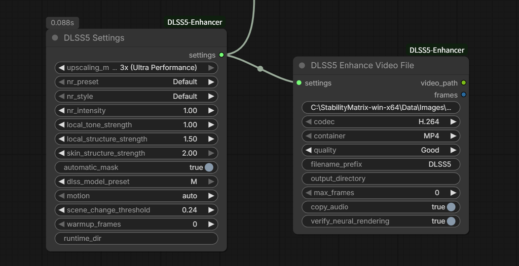 DLSS5 SettingsとDLSS5 Enhance Video Fileをつないだ動画処理のワークフロー