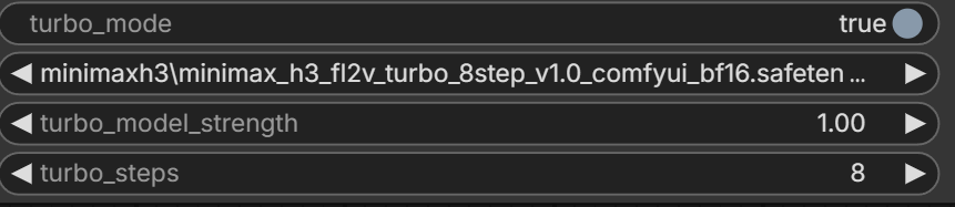 T2Vでturbo modeをtrueにし、8step LoRAとturbo_steps 8を設定した画面
