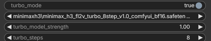 I2Vでturbo modeをtrueにし、8step LoRAとturbo_steps 8を設定した画面