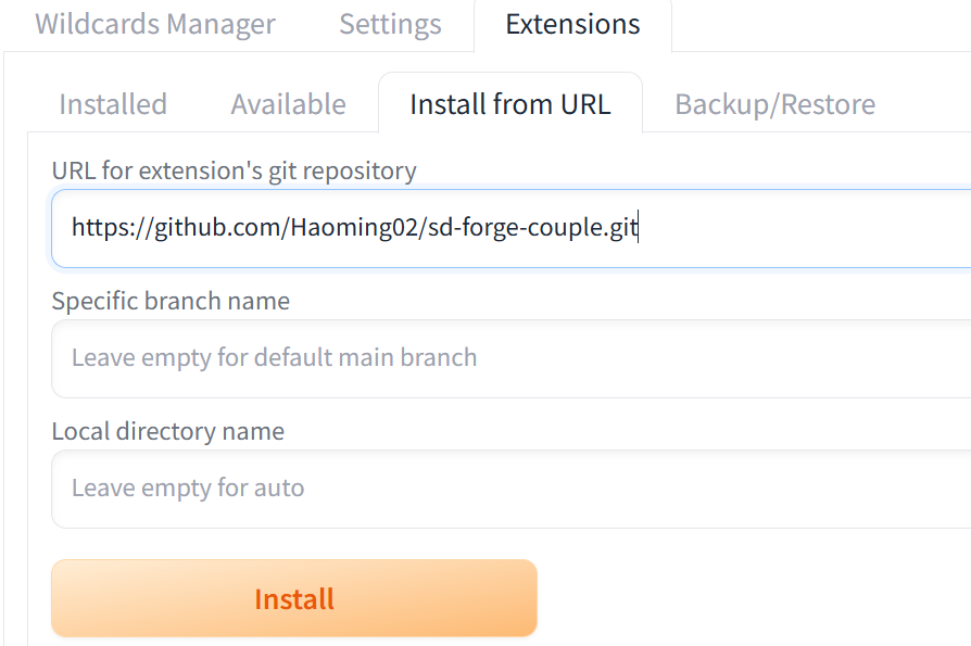 ExtensionsのInstall from URLでForge CoupleのリポジトリURLを入力した画面