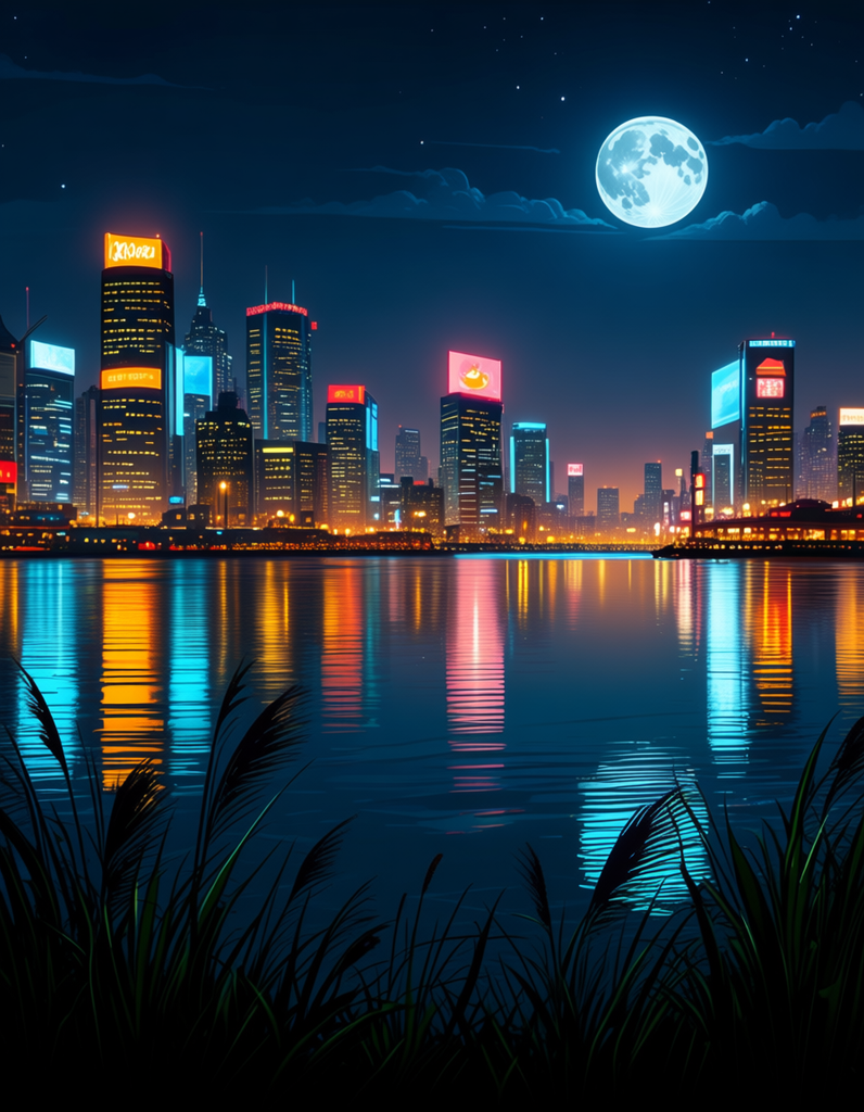 Verticalで上から夜空、街並み、湖、草の領域を指定した生成例