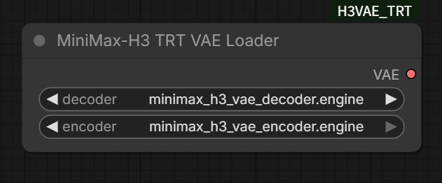 decoderとencoderに.engineを選んだMiniMax-H3 TRT VAE Loaderノード