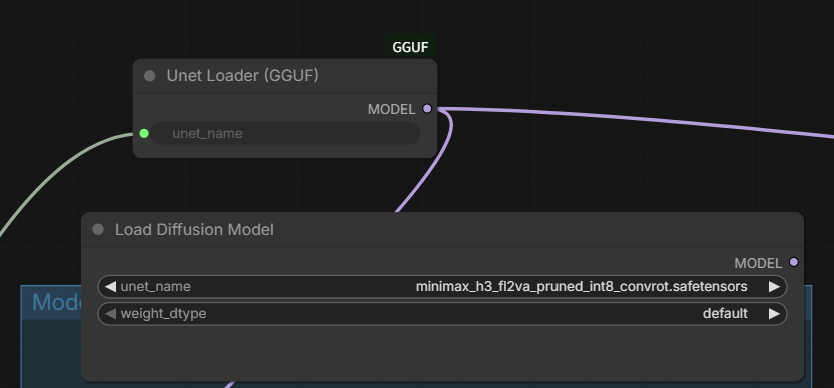 サブグラフ内でLoad Diffusion ModelをUnet Loader (GGUF)に繋ぎ直した画面