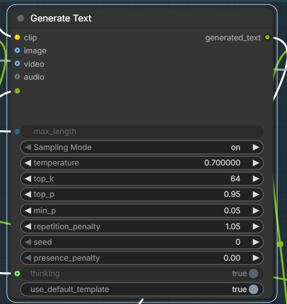 Generate Textノードのseedと文章生成の設定欄