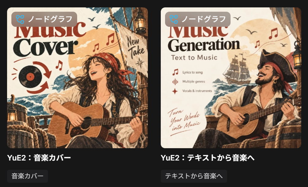 ComfyUIのテンプレート一覧に表示されたYuE2のMusic CoverとText to Music