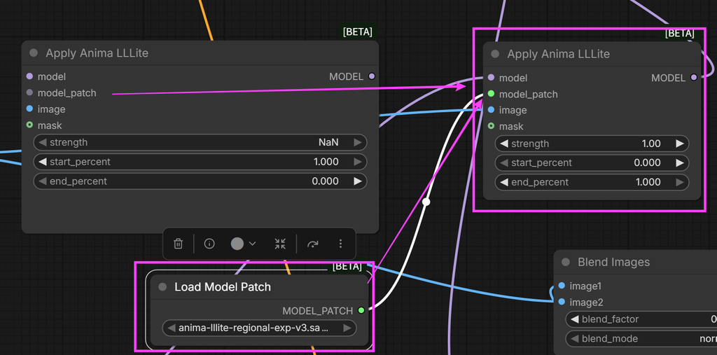 Load Model PatchとApply Anima LLLiteを追加して配線し直したノード