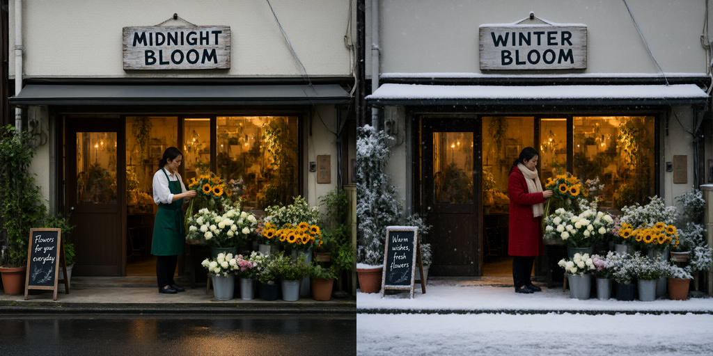 Turboによる編集前後の比較。花屋を雪景色に変え、店員の服と看板の文字を変更