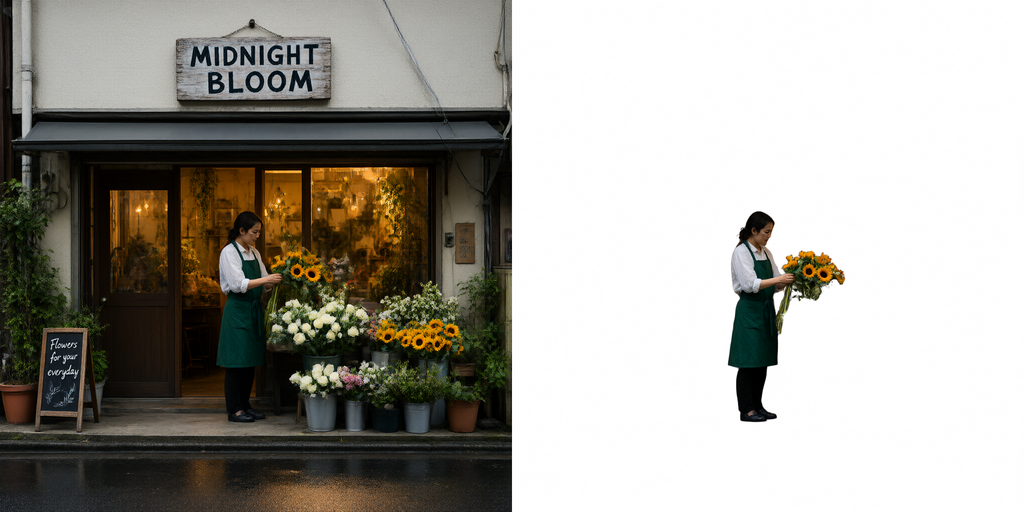 通常版の背景透過処理の比較。花屋の元画像から花束を持つ店員を切り抜いた結果