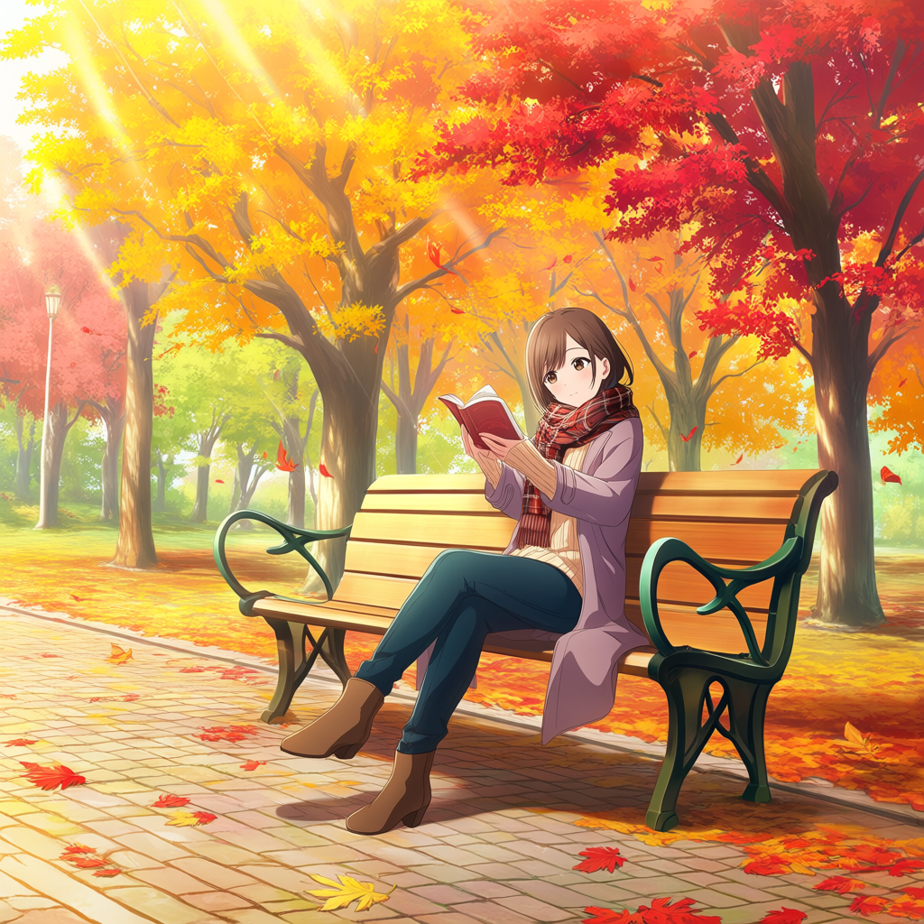 Anima Baseで生成した紅葉の公園のベンチで読書する女性
