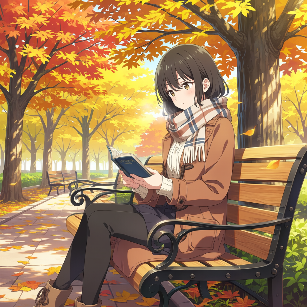 Turbo LoRAを使ったAnima Baseで生成した紅葉の公園で読書する女性