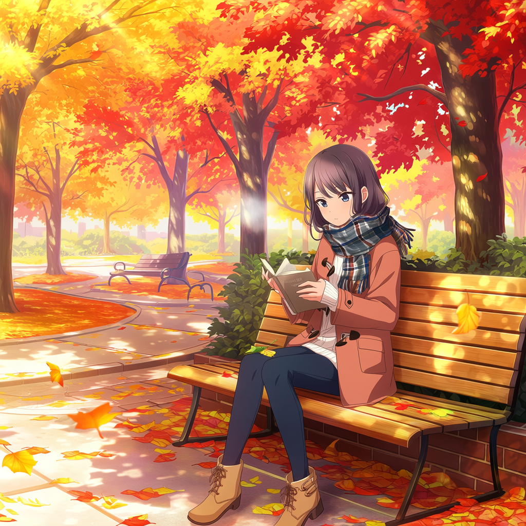 Anima Previewで生成した紅葉の公園のベンチで読書する女性