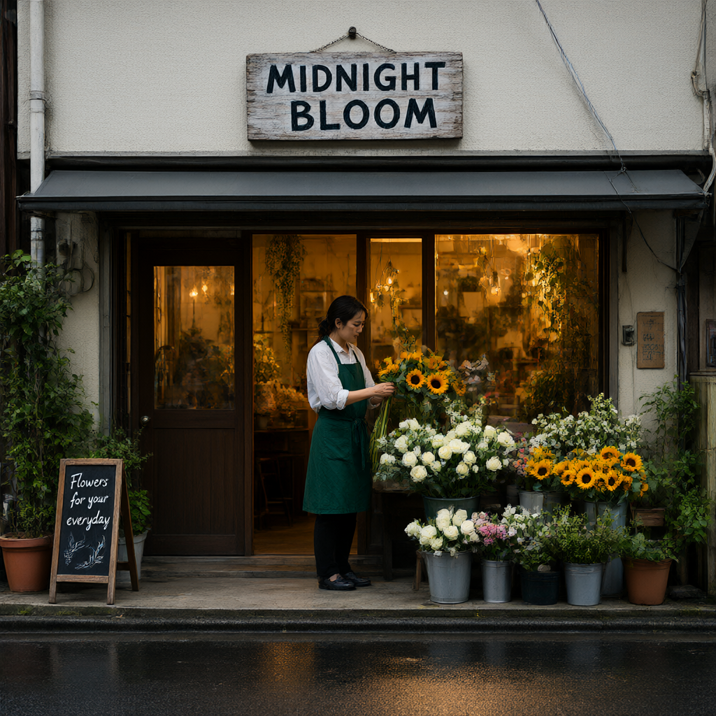 Qwen Image 2.1 Turboで生成した、MIDNIGHT BLOOMの看板がある花屋と店員