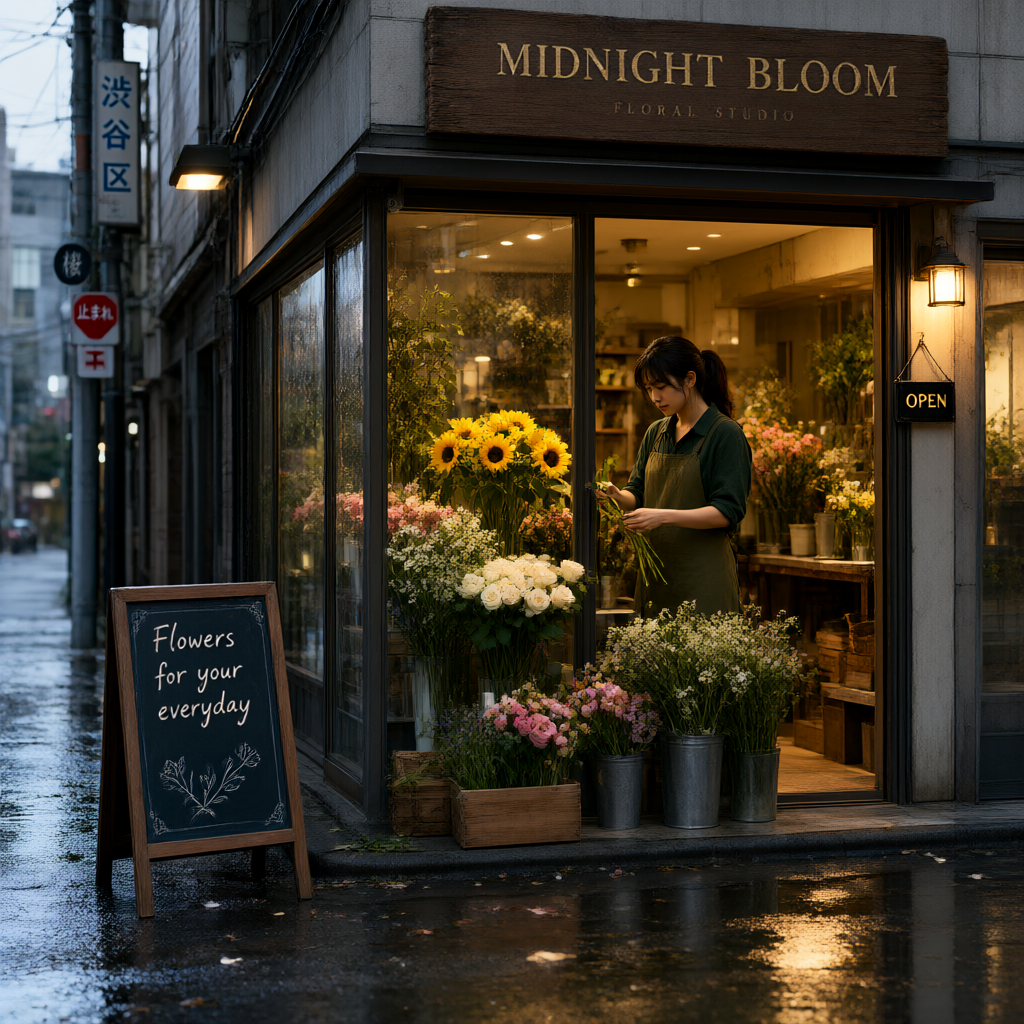 refine_promptと思考を有効にしてTurboで生成した、雨上がりの花屋と店員