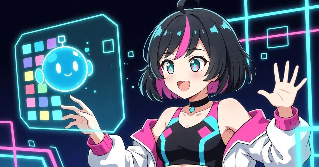 Nano Bananaで編集する前の、笑顔の女の子と青いAIキャラクターのサムネイル