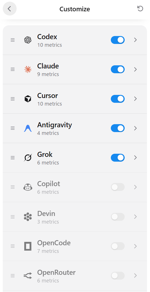 OpenQuotaのCustomize画面でツールの表示を切り替える