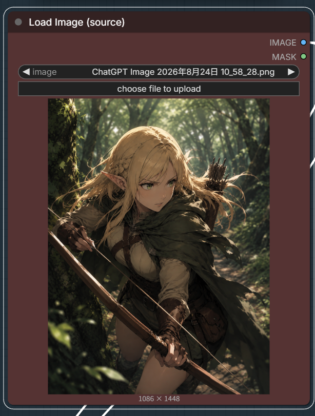 Fibo 2.0 Edit TurboのワークフローでLoad Image (source)に編集したい画像を読み込んだ画面