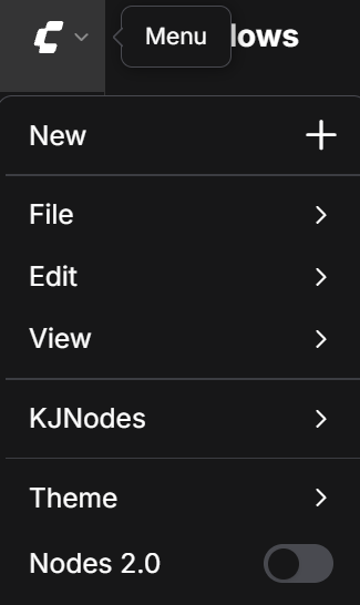 ComfyUI左上のメニューにあるNodes 2.0の切り替えスイッチ