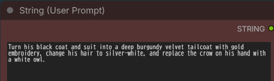 Fibo 2.0 DevのワークフローでString (User Prompt)に編集用のPromptを入力した画面
