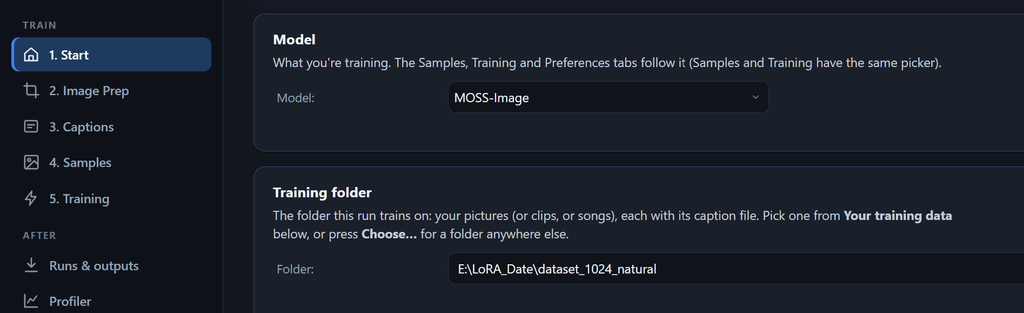 StartタブでModelとTraining Folderを指定