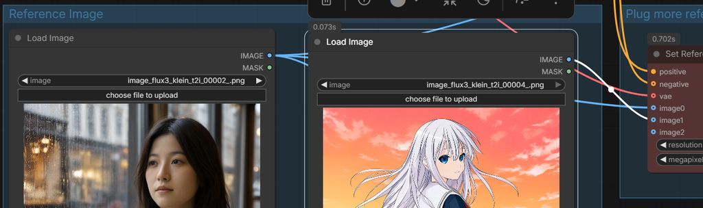 2つのLoad Imageにフォトリアルとアニメの画像を読み込みSet Reference Multi Latentにつないだ画面